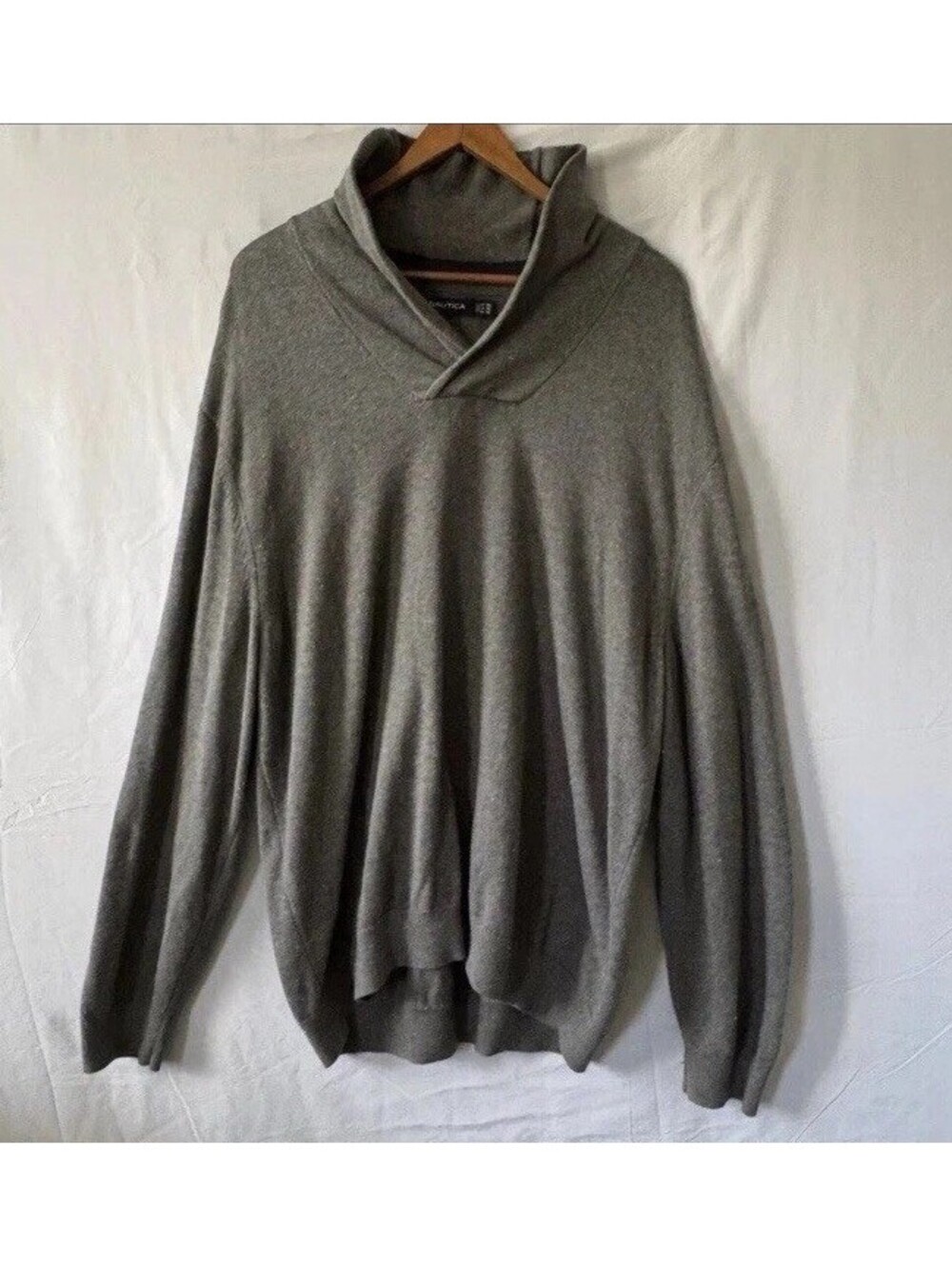 Nautica Sweater XXL Gray Shawl Collar Cotton Knit Sail Logo Mens